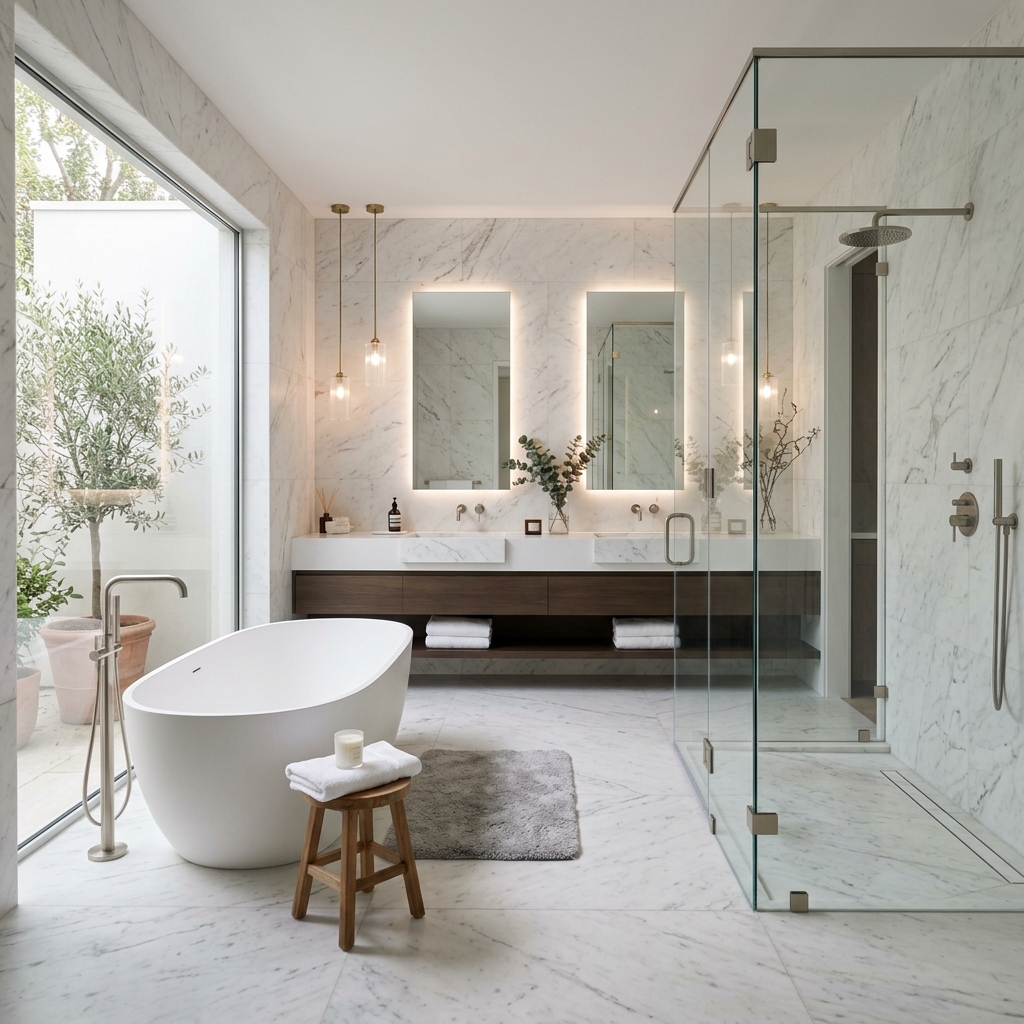 Baño principal de lujo en mármol